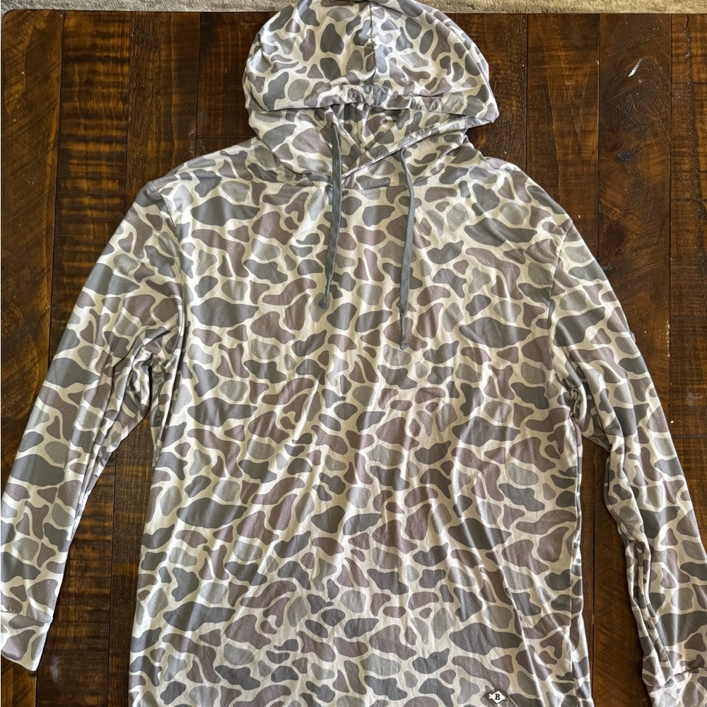 BURLEBO Gray and Tan Hooded Sweater with Animal Print